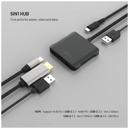 Hub USB-C Fixed Quadri, 5в1, Черен