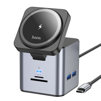 USB-C хъб HOCO HB49, 3 x USB-A 3.0 - 1 x USB-C - 1 x HDMI - 1 x RJ45 - 1 x QI - 1 x SD - 1 x microSD, сив 