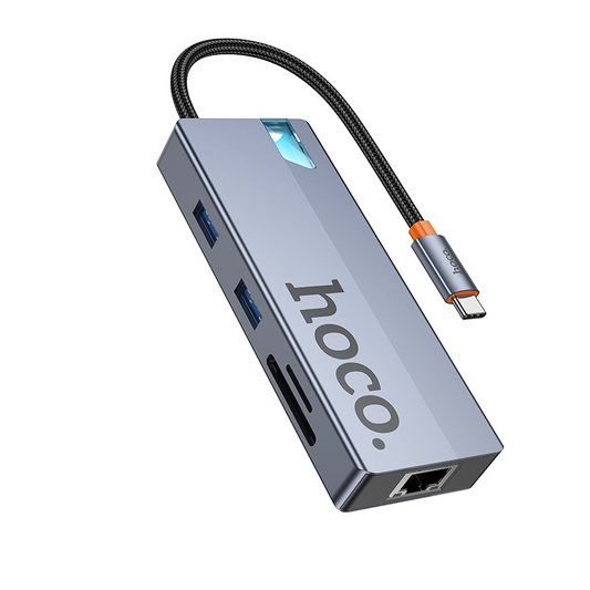 USB-C хъб HOCO HB52, 2 x USB-A 3.0 - 2 x USB-C - 1 x HDMI - 1 x RJ45 - 1 x SD - 1 x microSD, Сив