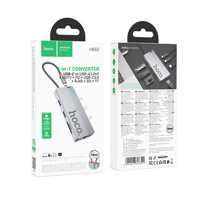 USB-C хъб HOCO HB52, 2 x USB-A 3.0 - 2 x USB-C - 1 x HDMI - 1 x RJ45 - 1 x SD - 1 x microSD, Сив