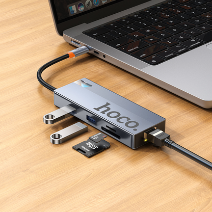 USB-C хъб HOCO HB52, 2 x USB-A 3.0 - 2 x USB-C - 1 x HDMI - 1 x RJ45 - 1 x SD - 1 x microSD, Сив