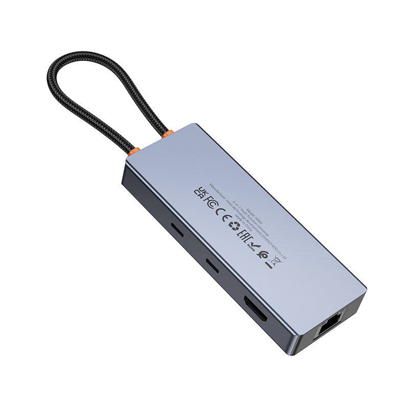 USB-C хъб HOCO HB52, 2 x USB-A 3.0 - 2 x USB-C - 1 x HDMI - 1 x RJ45 - 1 x SD - 1 x microSD, Сив