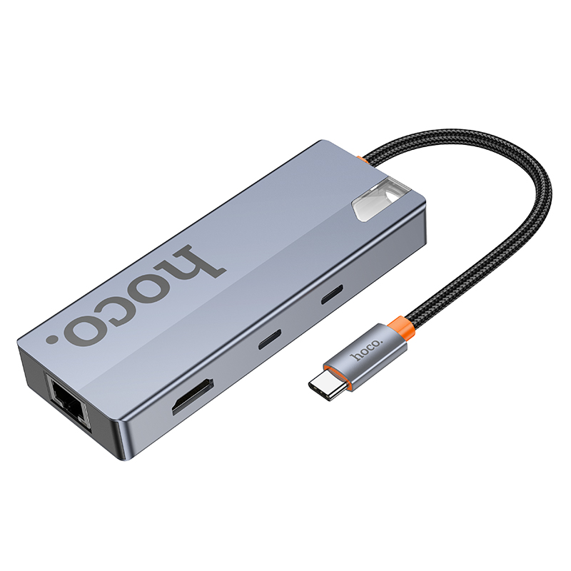 USB-C хъб HOCO HB52, 2 x USB-A 3.0 - 2 x USB-C - 1 x HDMI - 1 x RJ45 - 1 x SD - 1 x microSD, Сив