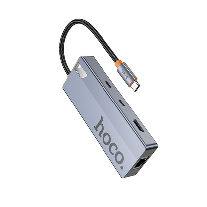 USB-C хъб HOCO HB52, 2 x USB-A 3.0 - 2 x USB-C - 1 x HDMI - 1 x RJ45 - 1 x SD - 1 x microSD, Сив