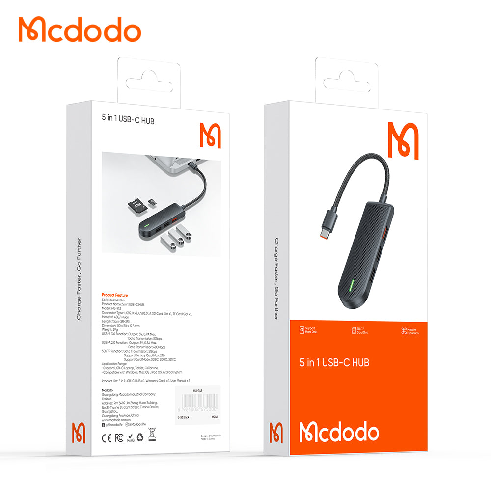 USB-C хъб McDodo HU-1430 Star, 5в1, Черен