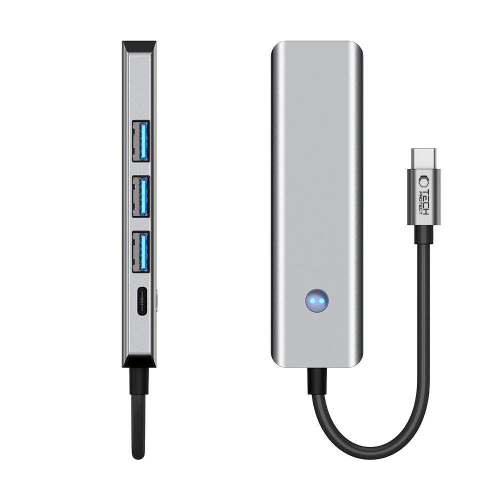 Hub USB-C Tech-Protect HB01, 1 x USB-A 3.0 - 2 x USB-A - 1 x USB-C - 1 x HDMI, Сив