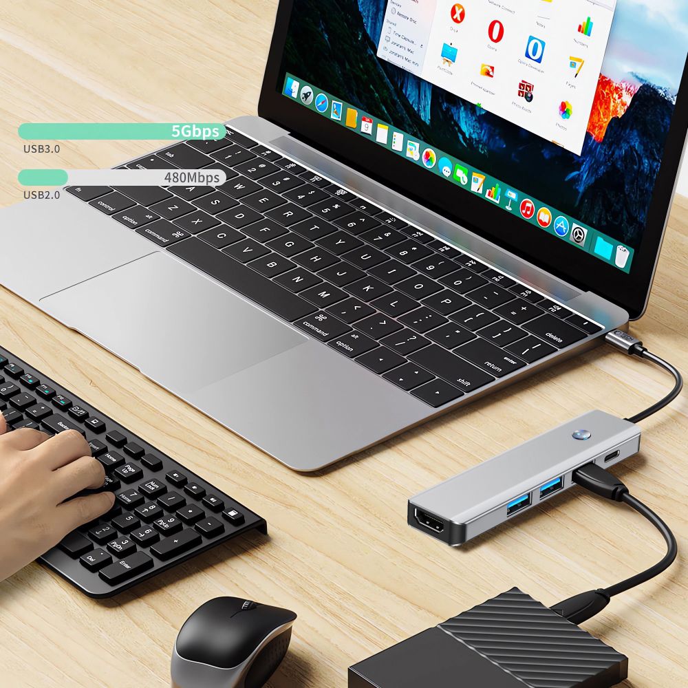 Hub USB-C Tech-Protect HB01, 1 x USB-A 3.0 - 2 x USB-A - 1 x USB-C - 1 x HDMI, Сив