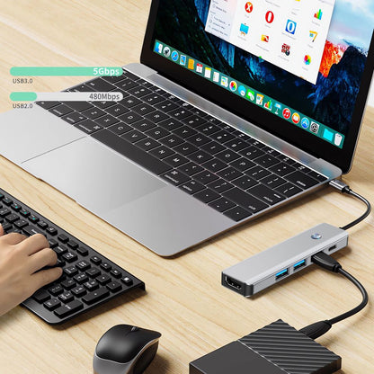 Hub USB-C Tech-Protect HB01, 1 x USB-A 3.0 - 2 x USB-A - 1 x USB-C - 1 x HDMI, Сив