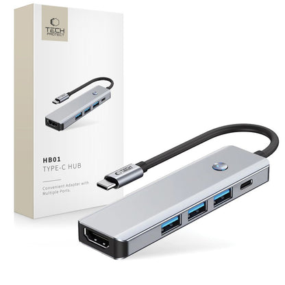 Hub USB-C Tech-Protect HB01, 1 x USB-A 3.0 - 2 x USB-A - 1 x USB-C - 1 x HDMI, Сив