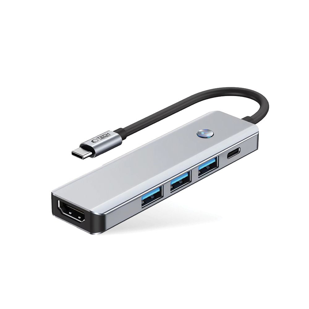 Hub USB-C Tech-Protect HB01, 1 x USB-A 3.0 - 2 x USB-A - 1 x USB-C - 1 x HDMI, Сив