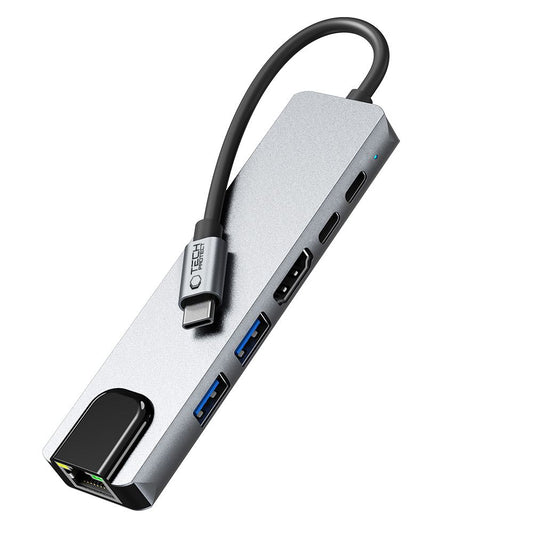 Hub USB-C Tech-Protect HB02, 1 x USB-A 3.0 - 1 x USB-A - 2 x USB-C - 1 x HDMI - 1 x RJ45, Сив
