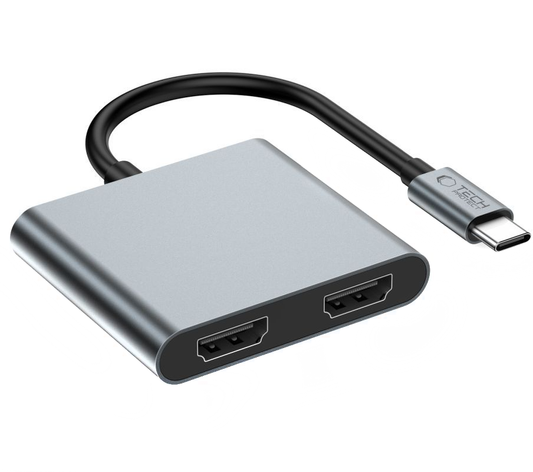 Hub USB-C Tech-Protect HB08, 1 x USB-A - 1 x USB-C - 2 x HDMI, Сив
