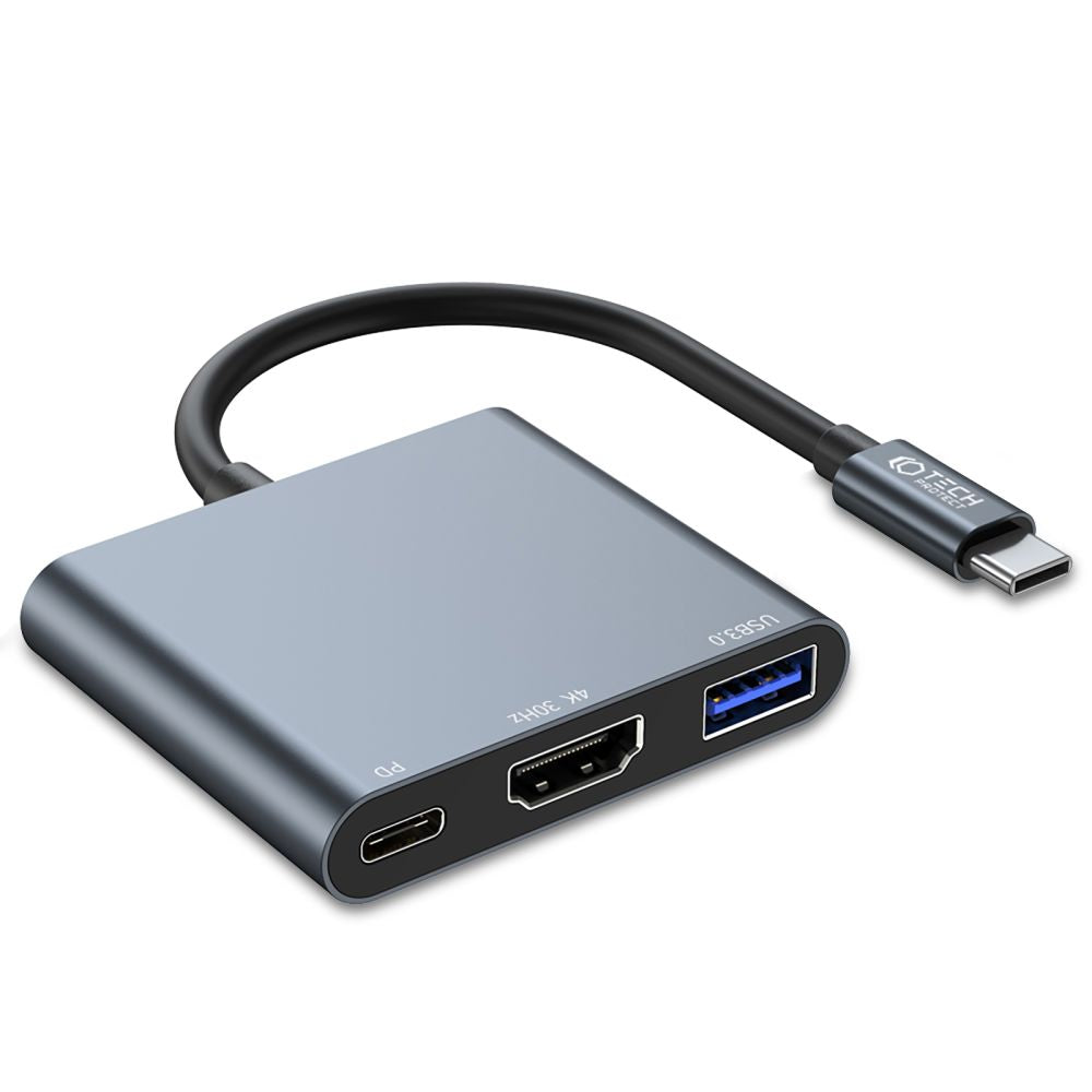 Хъб USB-C Tech-Protect V1, USB-A 3.0 - 1 x USB-C - 1 x HDMI, сив