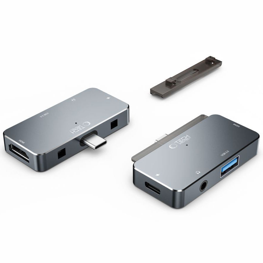 Хъб USB-C Tech-Protect V6, 1 x USB-A - 1 x USB-C - 1 x HDMI - 1 x 3,5 мм жак, сив 