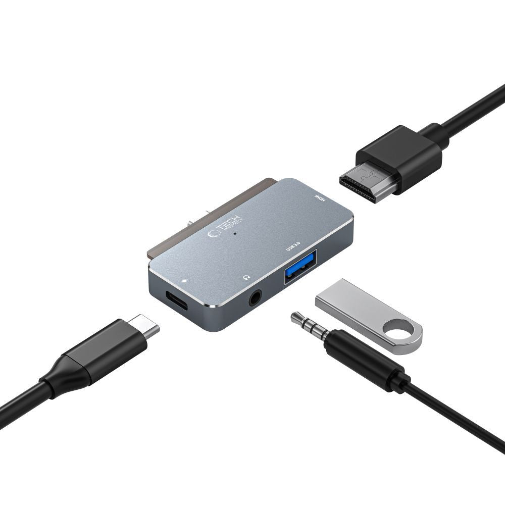 Хъб USB-C Tech-Protect V6, 1 x USB-A - 1 x USB-C - 1 x HDMI - 1 x 3,5 мм жак, сив 