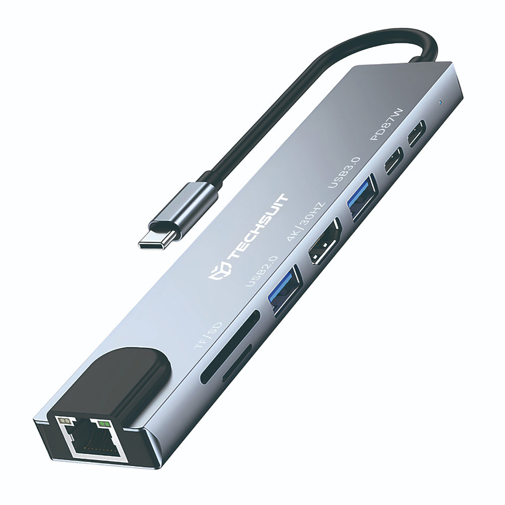 USB-C хъб Techsuit H2 NetBridge, 8в1, Сив