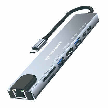 USB-C хъб Techsuit H2 NetBridge, 8в1, Сив