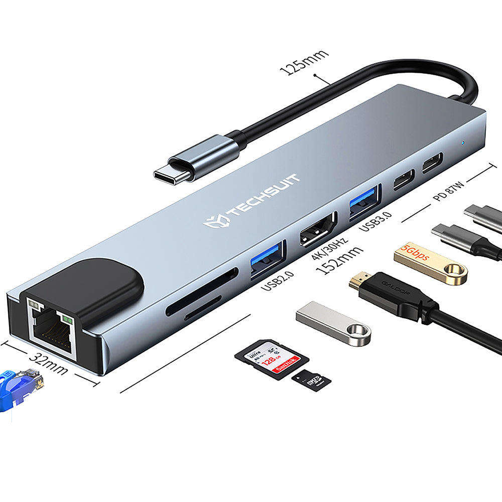 USB-C хъб Techsuit H2 NetBridge, 8в1, Сив