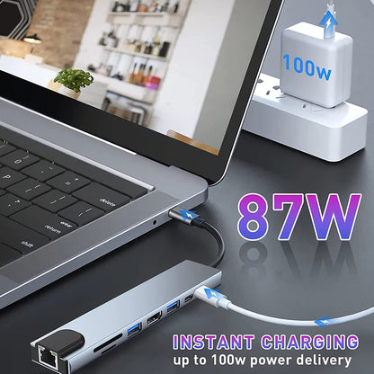 USB-C хъб Techsuit H2 NetBridge, 8в1, Сив