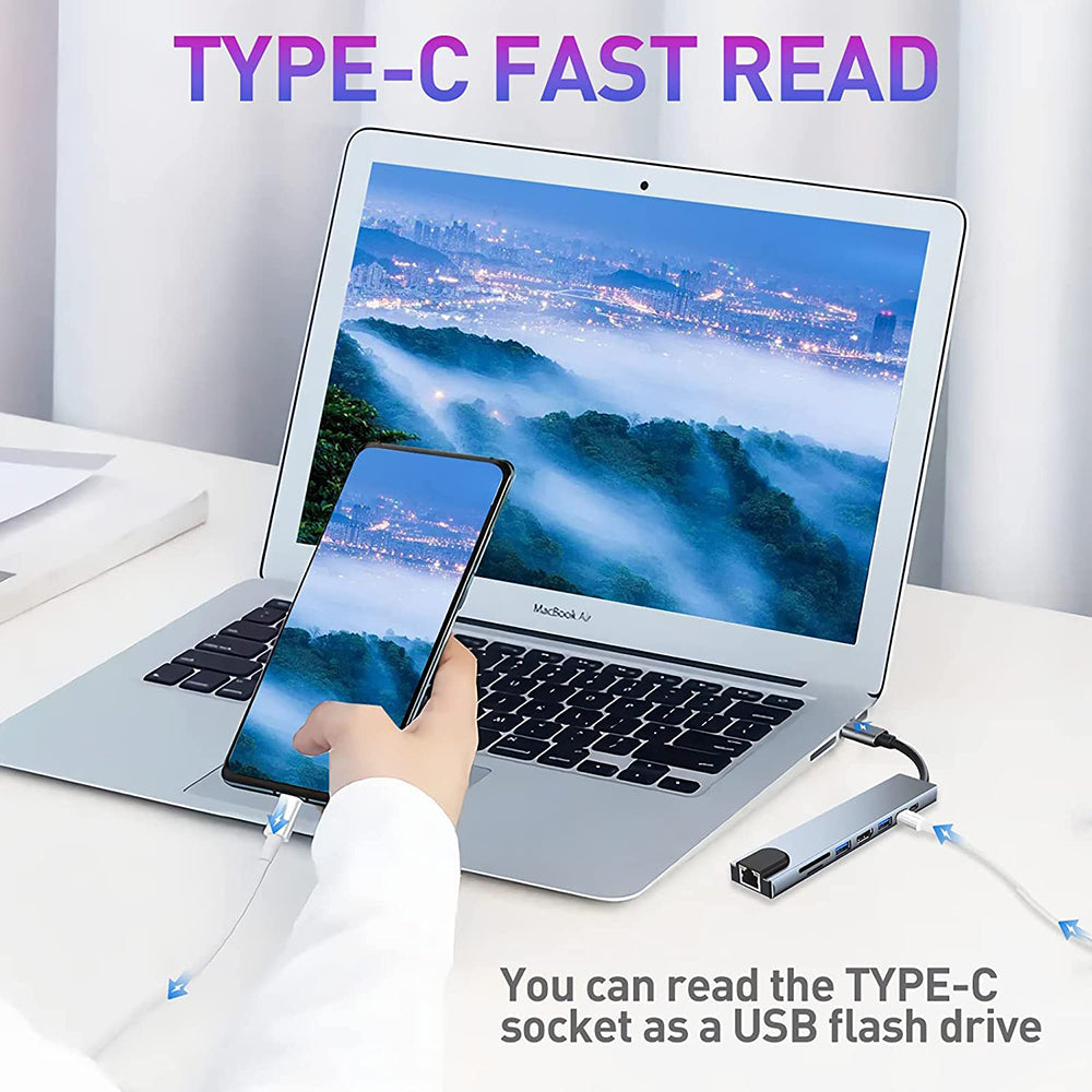 USB-C хъб Techsuit H2 NetBridge, 8в1, Сив