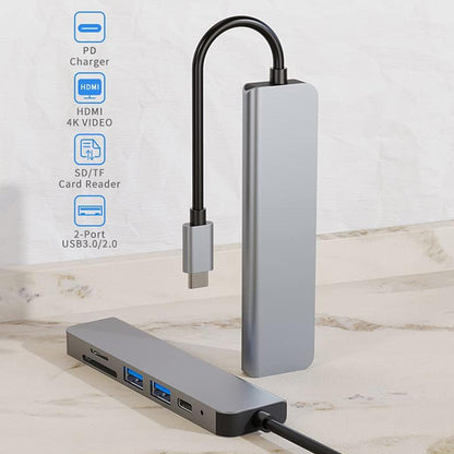 Hub USB-C Techsuit H5 TurboChargeX, 6в1, Сив