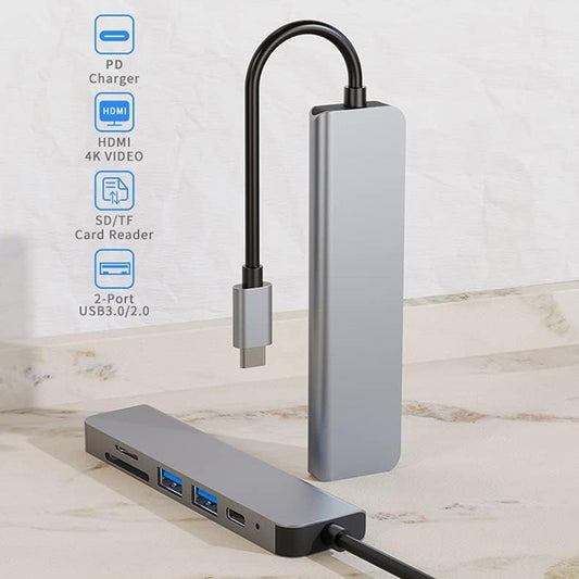 Hub USB-C Techsuit H5 TurboChargeX, 6в1, Сив