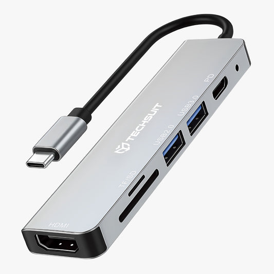 Hub USB-C Techsuit H5 TurboChargeX, 6в1, Сив