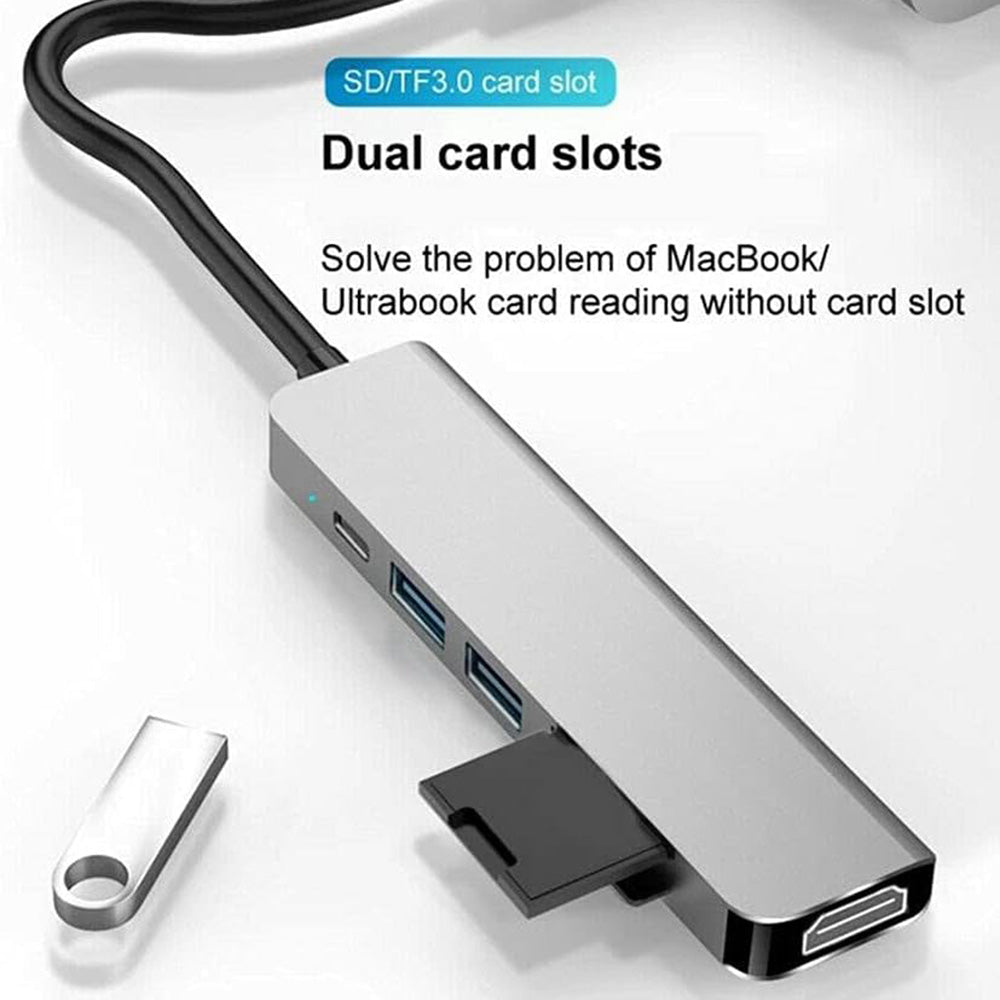 Hub USB-C Techsuit H5 TurboChargeX, 6в1, Сив