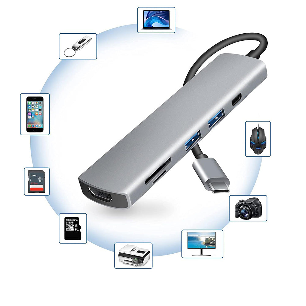 Hub USB-C Techsuit H5 TurboChargeX, 6в1, Сив