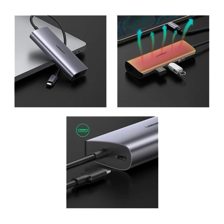Hub USB-C UGREEN CM252, 3 x USB-A 3.0 - 1 x USB-C - RJ45, Сив