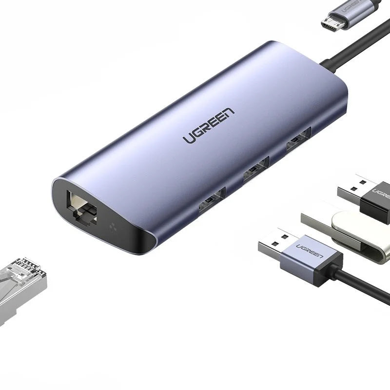 Hub USB-C UGREEN CM252, 3 x USB-A 3.0 - 1 x USB-C - RJ45, Сив