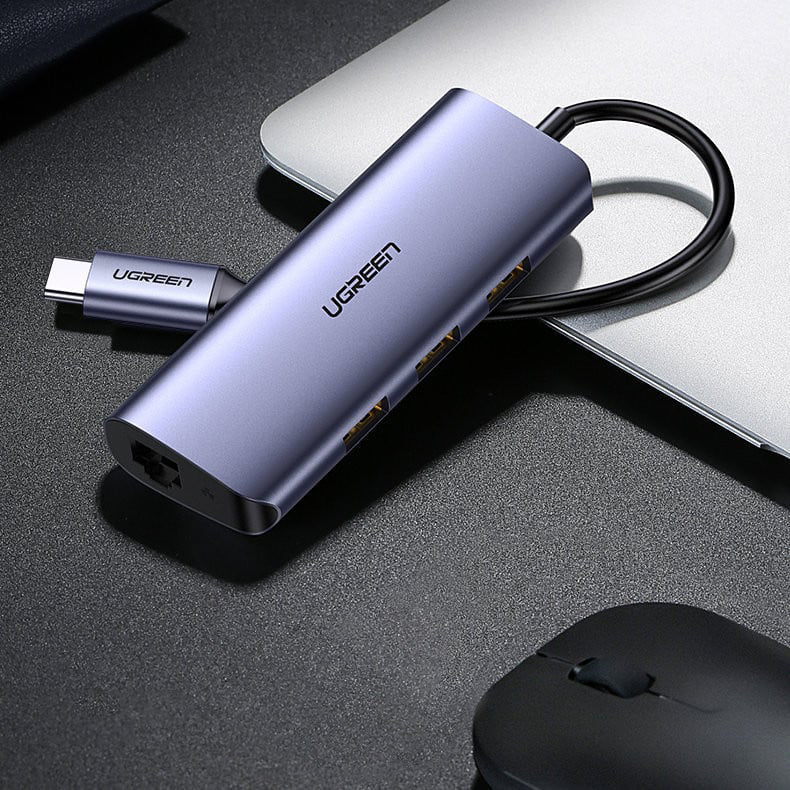 Hub USB-C UGREEN CM252, 3 x USB-A 3.0 - 1 x USB-C - RJ45, Сив