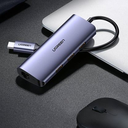Hub USB-C UGREEN CM252, 3 x USB-A 3.0 - 1 x USB-C - RJ45, Сив