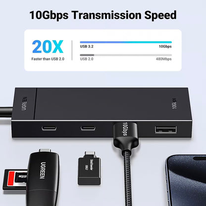 Hub USB-C UGREEN CM416, 2 x USB-A 3.1 - 2 x USB-C, 0.25m, Черен