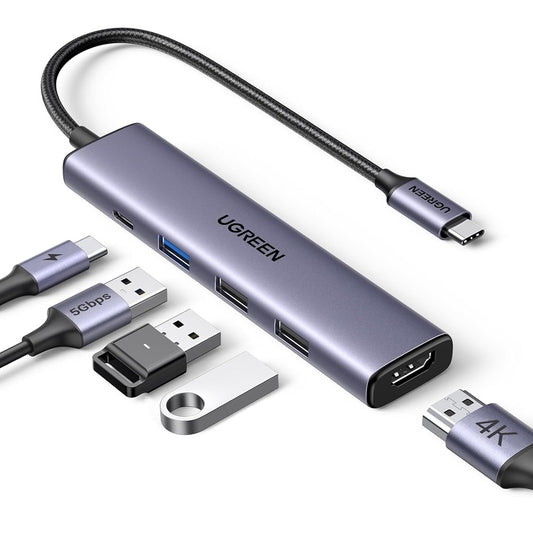 Hub USB-C UGREEN CM478, 1 x USB-A 3.0 - 2 x USB-A - 1 x USB-C - 1 x HDMI, Сив Рециклиран