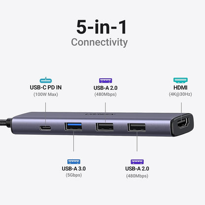 Hub USB-C UGREEN CM478, 1 x USB-A 3.0 - 2 x USB-A - 1 x USB-C - 1 x HDMI, Сив