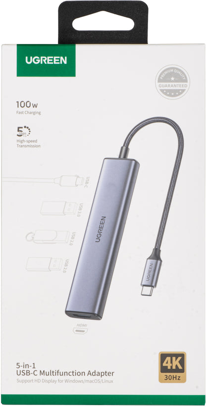 Hub USB-C UGREEN CM478, 1 x USB-A 3.0 - 2 x USB-A - 1 x USB-C - 1 x HDMI, Сив