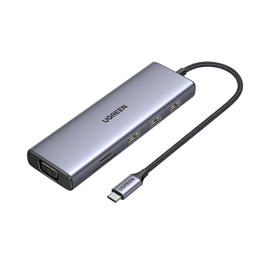 Hub USB-C UGREEN CM498 (15600), 3 x USB-A 3.0 - 1 x USB-C - 1 x HDMI - 1 x VGA - 1 x RJ45 - 1 x SD - 1 x microSD, Сив