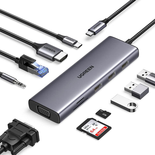 Hub USB-C UGREEN CM498 (15601), 3 x USB-A 3.0 - 1 x USB-C - 1 x HDMI - 1 x VGA - 1 x Jack 3.5mm - 1 x RJ45 - 1 x SD - 1 x microSD, Сив