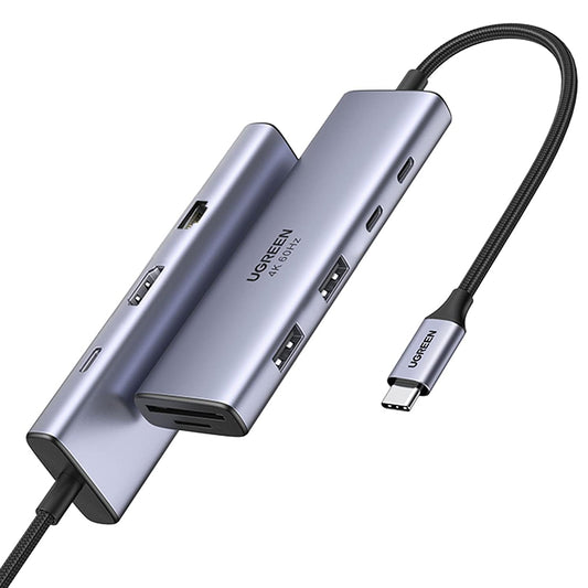 USB-C хъб UGREEN CM498 (15375), 2 x USB-A - 3 x USB-C - 1 x HDMI - 1 x RJ45 - 1 x SD - 1 x microSD, Сив