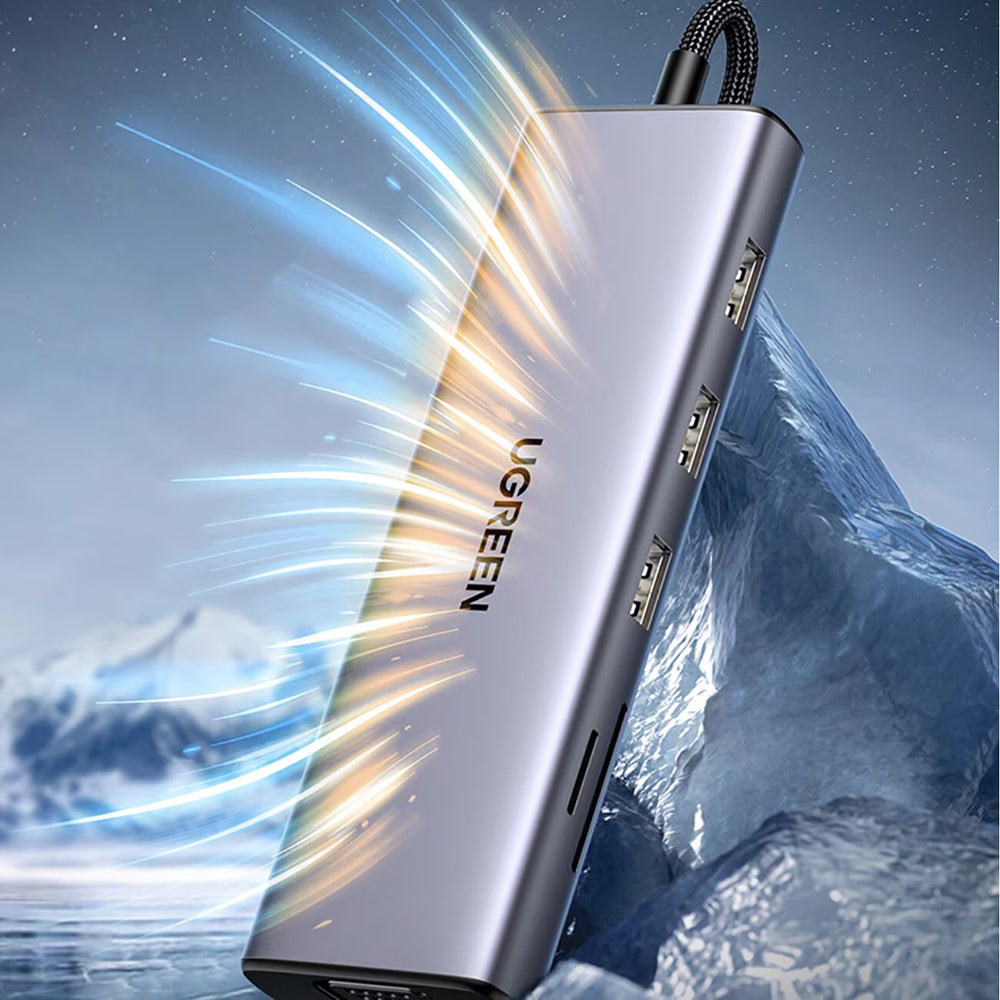 Hub USB-C UGREEN CM498 (15600), 3 x USB-A 3.0 - 1 x USB-C - 1 x HDMI - 1 x VGA - 1 x RJ45 - 1 x SD - 1 x microSD, Сив