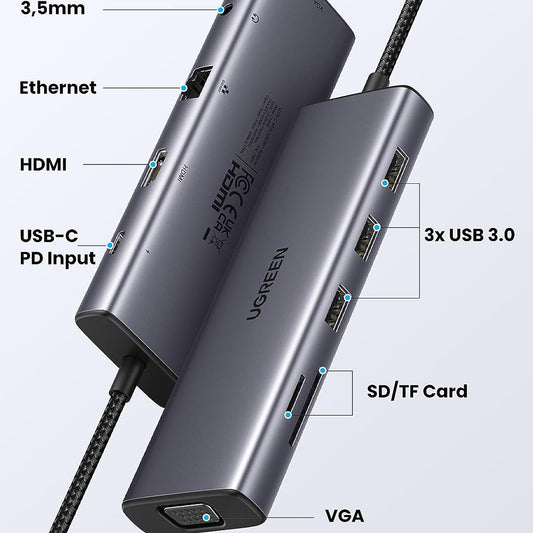 Hub USB-C UGREEN CM498 (15601), 3 x USB-A 3.0 - 1 x USB-C - 1 x HDMI - 1 x VGA - 1 x Jack 3.5mm - 1 x RJ45 - 1 x SD - 1 x microSD, Сив