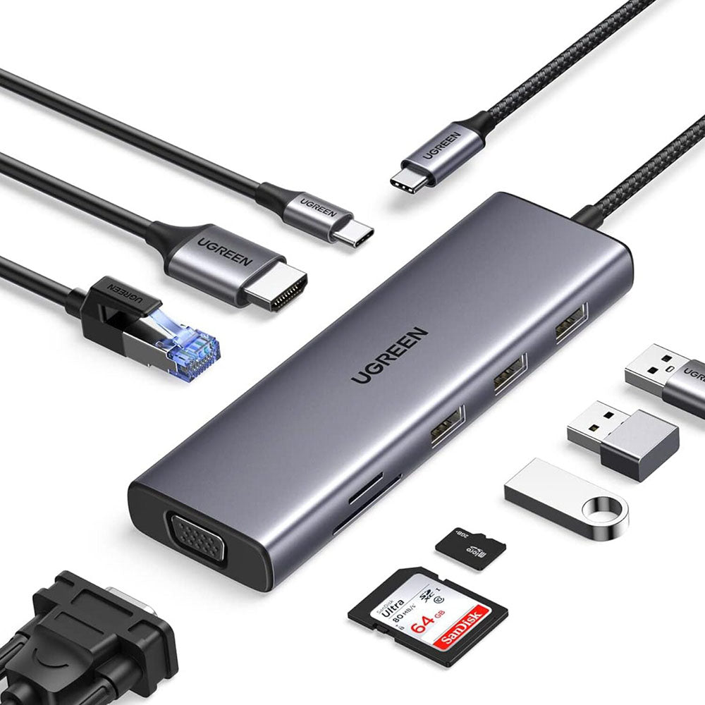 Hub USB-C UGREEN CM498 (15600), 3 x USB-A 3.0 - 1 x USB-C - 1 x HDMI - 1 x VGA - 1 x RJ45 - 1 x SD - 1 x microSD, Сив