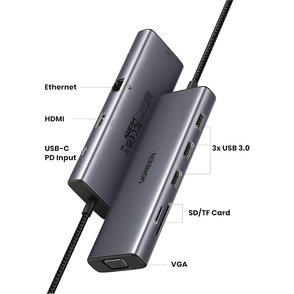 Hub USB-C UGREEN CM498 (15600), 3 x USB-A 3.0 - 1 x USB-C - 1 x HDMI - 1 x VGA - 1 x RJ45 - 1 x SD - 1 x microSD, Сив