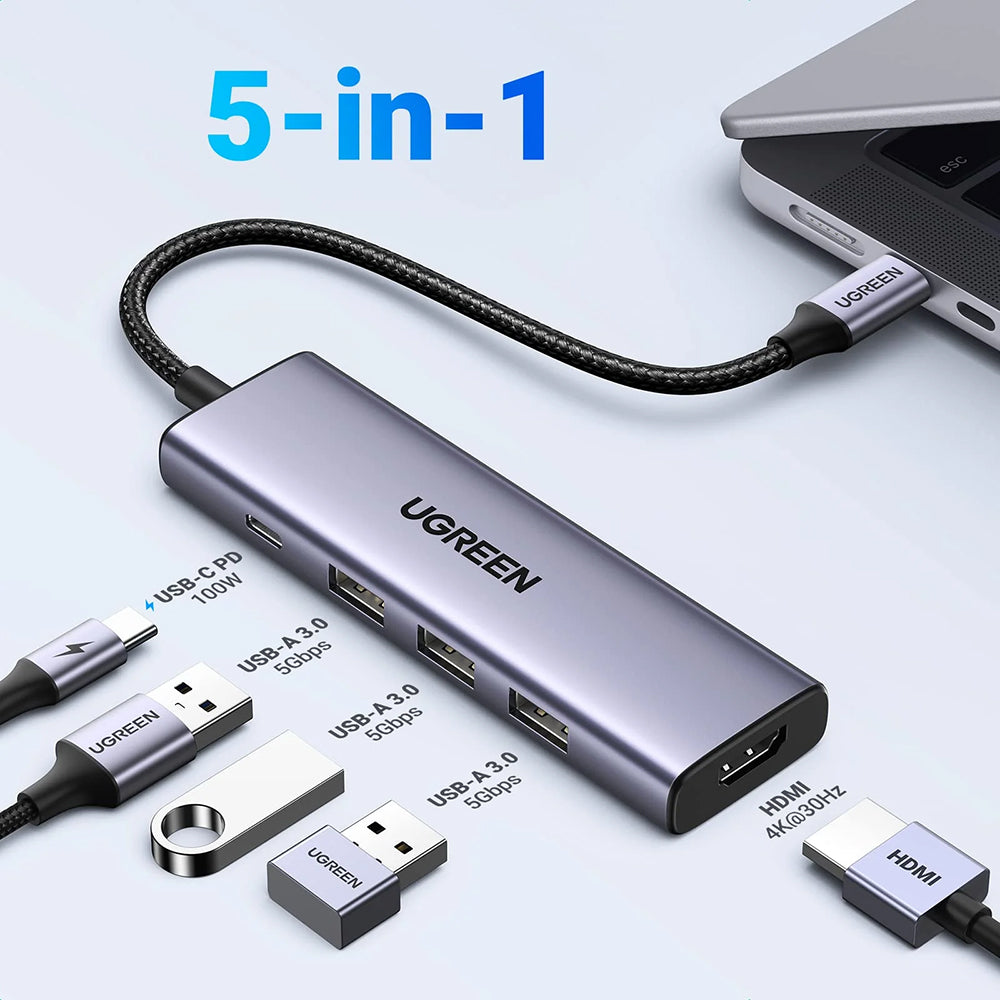 Hub USB-C UGREEN CM511 (15596), 3 x USB-A 3.0 - 1 x USB-C - 1 x HDMI, Сив
