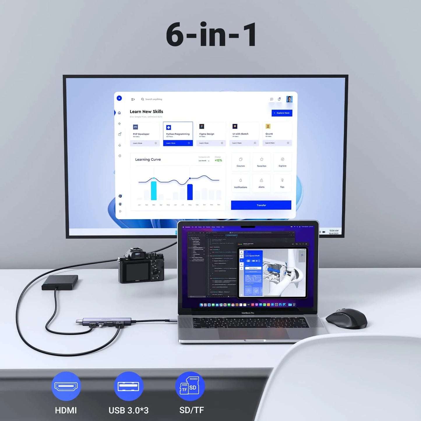 Hub USB-C UGREEN CM511 (60383), 3 x USB-A 3.2 - 1 x HDMI - 1 x SD - 1 x microSD, Сив