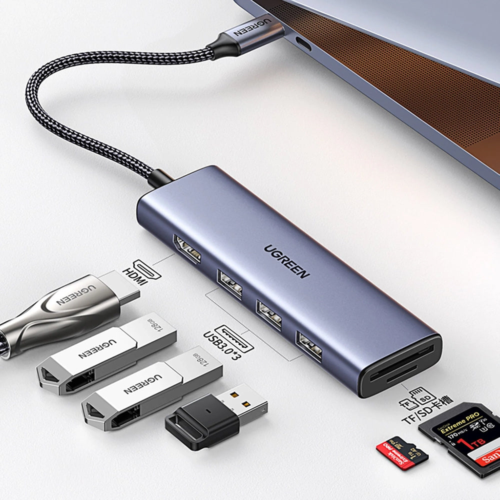 Hub USB-C UGREEN CM511 (20956A), 3 x USB-A 3.0 - 1 x HDMI - 1 x SD - 1 x microSD, Сив