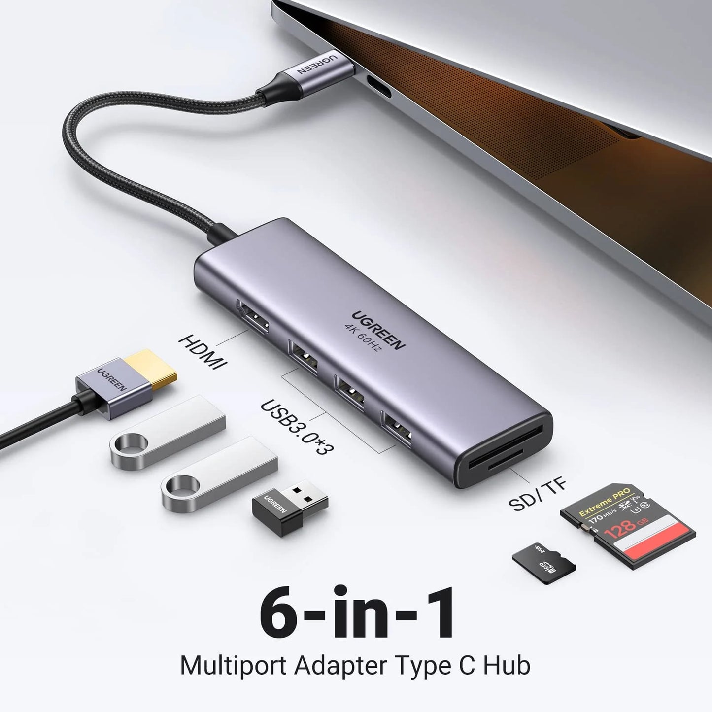 Hub USB-C UGREEN CM511 (60383), 3 x USB-A 3.2 - 1 x HDMI - 1 x SD - 1 x microSD, Сив