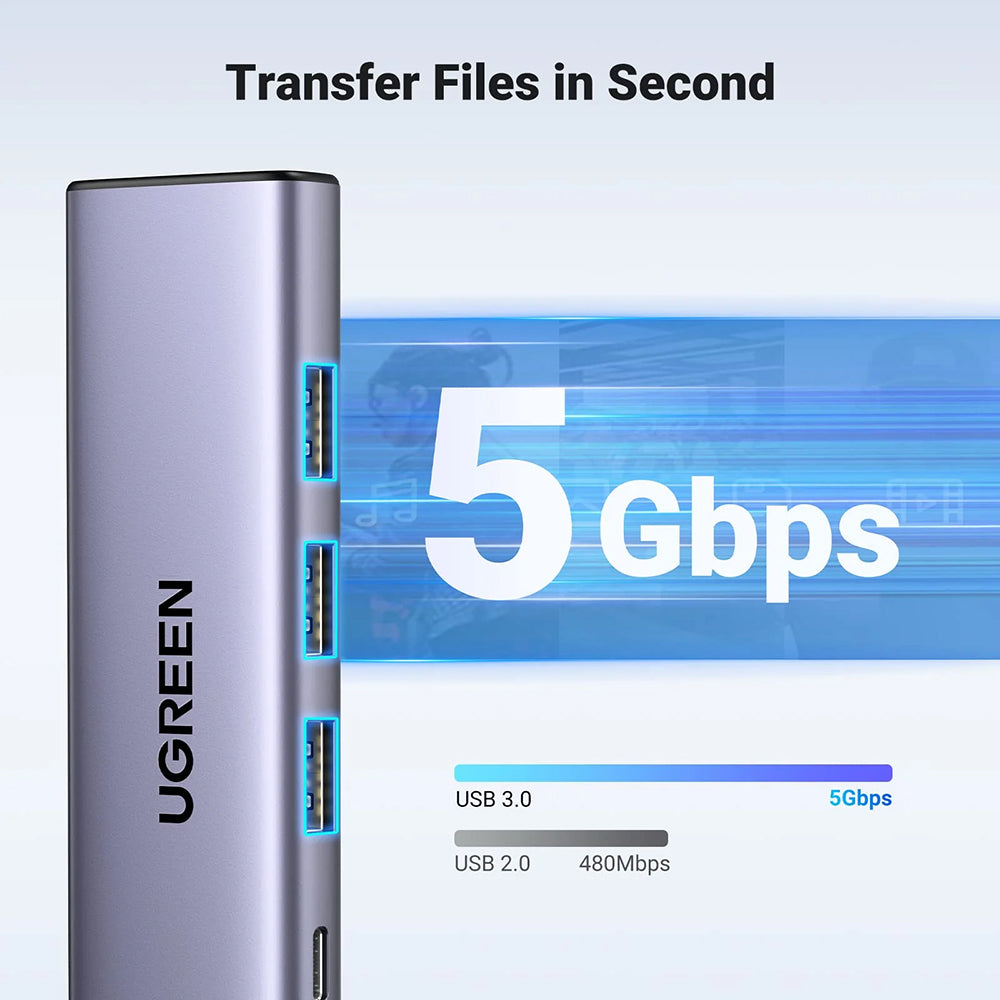 Hub USB-C UGREEN CM511 (15596), 3 x USB-A 3.0 - 1 x USB-C - 1 x HDMI, Сив