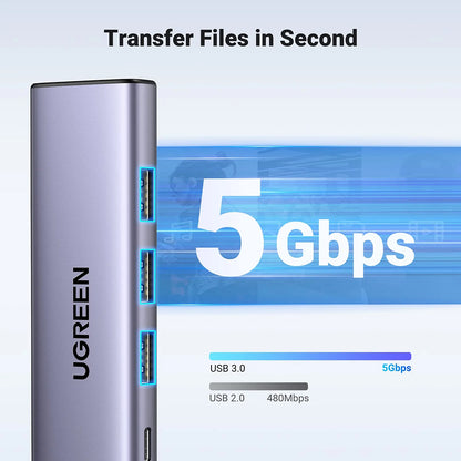 Hub USB-C UGREEN CM511 (15596), 3 x USB-A 3.0 - 1 x USB-C - 1 x HDMI, Сив